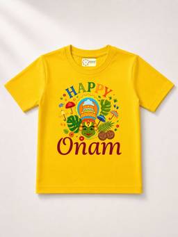 MALKIAT - Yellow Onam Printed Pure Cotton T-Shirt