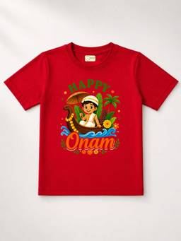 MALKIAT - Red Onam Printed Pure Cotton T-Shirt
