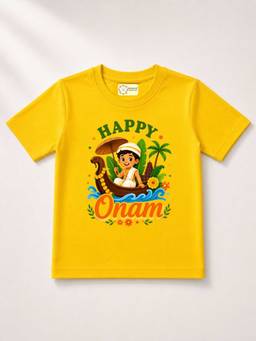 MALKIAT - Yellow Onam Printed Pure Cotton T-Shirt