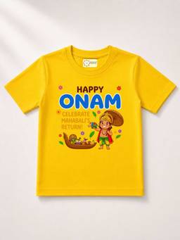 MALKIAT - Yellow Onam Printed Pure Cotton T-Shirt