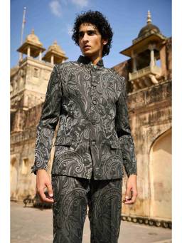 dash and dot - Charcoal Paisley Band Collar Jacket