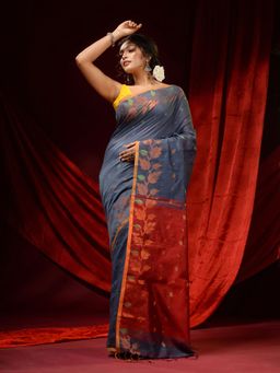 CHARUKRITI - Aegean Blue Blended Cotton Woven Buttas and Foliage Borders Saree with Unstitched Blouse