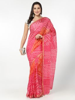 KISHORI - Women Silk Bandhani and Zari Weaving Saree with Unstitched Blouse - Pink & Orange