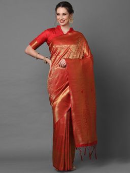 Akhilam - Red Party Wear Kanjivaram Silk Woven Design Saree with Unstitched