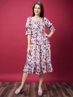 Globus - Women Multi White Floral Print Smocked Fit and Flare Dress