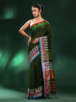 CHARUKRITI - Deep Green Handspun Cotton Soft Saree with Unstitched Blouse