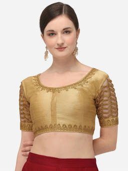 Amrutam Fab - Womens Embroidered Beige Phantom Silk Stiched Blouse With Round Neck