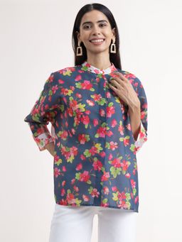 Pink Fort - Chanderi Floral Shirt Grey and White