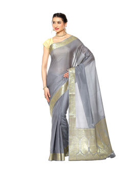 Banarasi Silk Works - Grey Valkalam Zari Anchal Border Art Saree with Unstitched Blouse