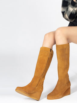 Saint G - Women Tan Stretch Suede Leather Knee High Boots