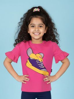 KiddoPanti - Girls Cotton Frill Half Sleeves Wing Shoes Printed T-Shirt