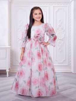 Mini Stitch - Organza Woven 3/4TH sleeve Floral Printed Gown - Off White