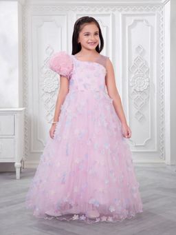 Mini Stitch - Organza Woven sleeveless 3D Applique Gown - Baby Pink
