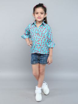 Pink Chick - Cotton Full Sleeves Heart Printed Shirt - Teal