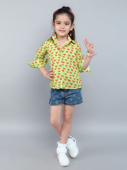 Pink Chick - Cotton Full Sleeves Heart Printed Shirt - LimeGreen