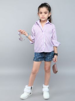 Pink Chick - Cotton Full Sleeves Striped Collared Shirt -Lavender