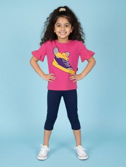 KiddoPanti - Girls Wing Shoes Print Frill half Sleeve T-Shirt and Capri