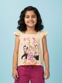 KiddoPanti - Girls Cotton Frill Sleeves Dancing Human Printed T-Shirt