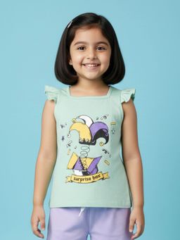 KiddoPanti - Green Girls Cotton Frill Sleeves Surprise Box Printed T-Shirt