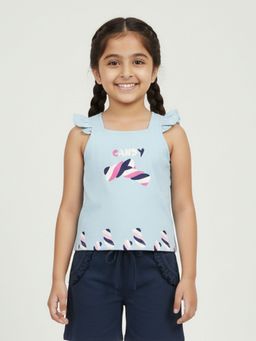 KiddoPanti - Girls Cotton Frill Sleeves Candy Printed T-Shirt
