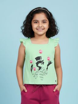 KiddoPanti - Girls Cotton Frill Sleeves Juggler Printed T-Shirt