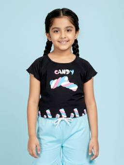 KiddoPanti - Girls Cotton Raglan Sleeves Candy Printed T-Shirt
