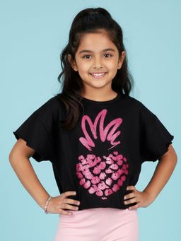 KiddoPanti - Girls Cotton Half Sleeves Pineapple Printed T-Shirt