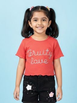 KiddoPanti - Girls Cotton Half Sleeves Fruity Love Lace Detailed T-Shirt