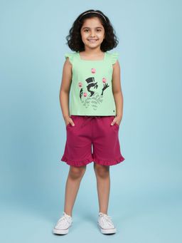 KiddoPanti - Girls Printed Square Neck T-Shirt and Shorts