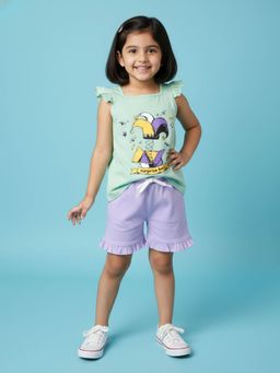 KiddoPanti - Girls Printed Square Neck T-Shirt and Shorts