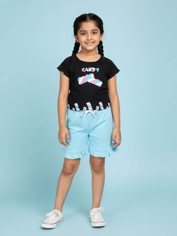 KiddoPanti - Girls Printed Raglan Sleeve T-Shirt and Shorts