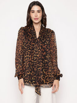 Guess - Brown Animal Print Tie Up Neck Nadine Shirt