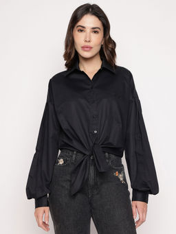 Guess - Black Solid Spread Collar Savina Satin Shirt