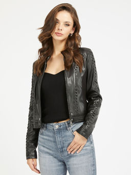 Guess - Women Black Polyurethane Self Design Regular Fit Jacket