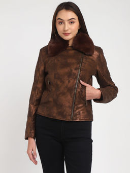 Guess - Women Brown Polyurethane Washed Regular Fit Jacket