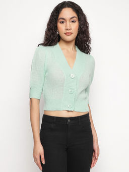 Guess - Green Solid V-Neck Mathilde Alpaca Cardigan