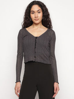 Guess - Grey Self Design V-Neck Amira Shiny Yarn Cardigan