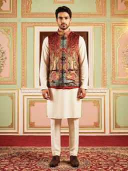 Jompers - Paisley Printed Nehru Jacket With Solid Kurta Pyjama Set