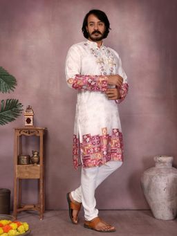 Odette - Off White Cotton Blend Embroidered Kurta with Pyjama For Men