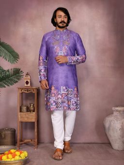 Odette - Purple Cotton Blend Embroidered Kurta with Pyjama For Men