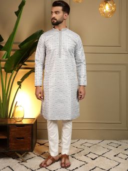 Odette - Light Grey Cotton Blend Thread Work Kurta with Pyjama For Men