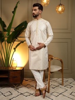 Odette - White Cotton Blend Thread Work Kurta with Pyjama For Men