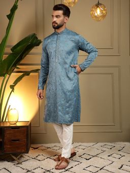 Odette - Blue Cotton Blend Embellished Kurta with Pyjama For Men