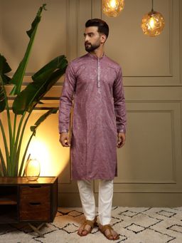Odette - Wine Cotton Blend Embellished Kurta with Pyjama For Men