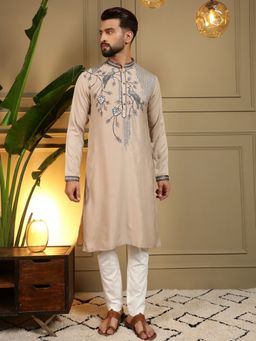 Odette - Beige Silk Blend Embroidered Kurta with Pyjama For Men