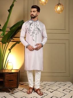 Odette - Off White Silk Blend Embroidered Kurta with Pyjama For Men