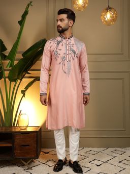 Odette - Peach Pink Silk Blend Embroidered Kurta with Pyjama For Men