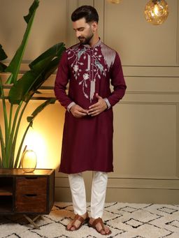 Odette - Wine Silk Blend Embroidered Kurta with Pyjama For Men