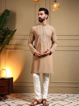 Odette - Beige Silk Blend Embroidered Kurta with Pyjama For Men