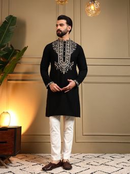 Odette - Black Silk Blend Embroidered Kurta with Pyjama For Men